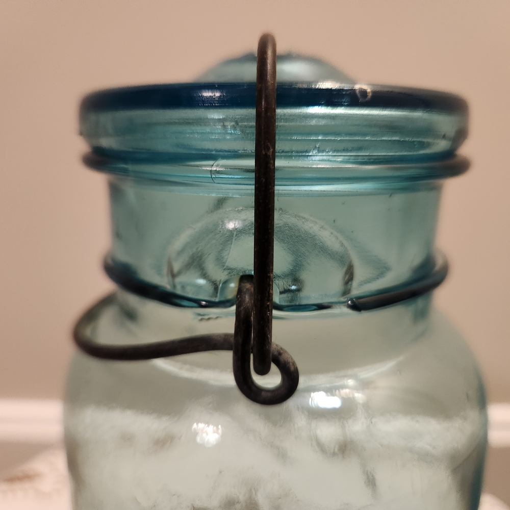 Vintage Ball Ideal Aqua Blue Glass Mason Jar Mold #4 With Lid And Bail - Picture 7 of 10